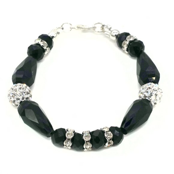 Black bead bracelet with rhinestones and silver lobster clasp. - Picture 2 of 3